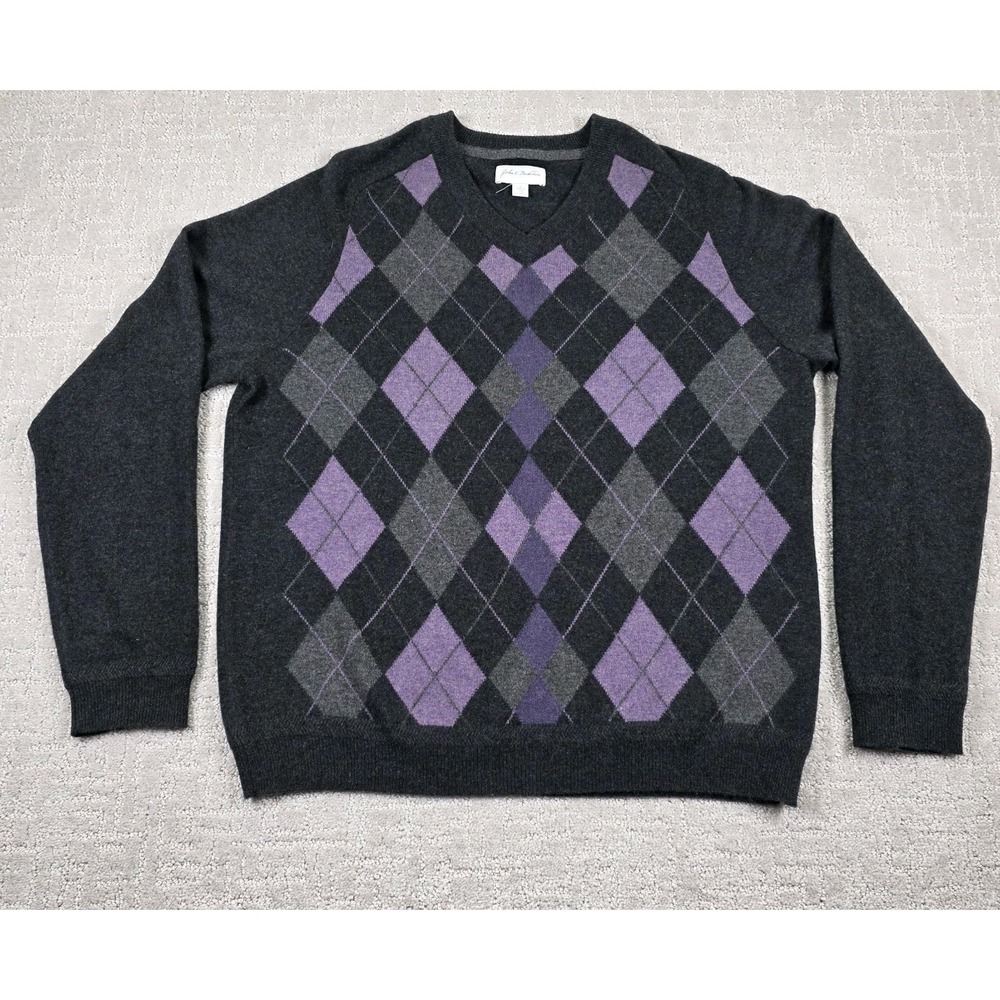 John Nordstrom Mens Large Purple Grey Argyle 100% Cashmere V-Neck Sweater *Flaw